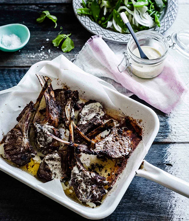 Lemon and fennel lamb ribs with pea and mint salad