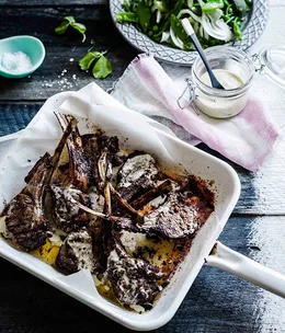 Lemon and fennel lamb ribs with pea and mint salad