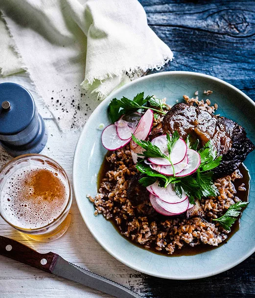 Beer-glazed beef short ribs with farro salad