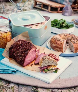 Pastrami with corn relish and horseradish slaw