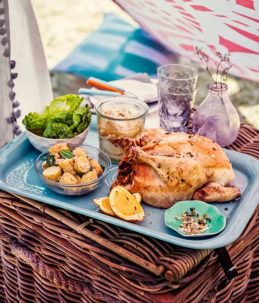 Roast chicken with thyme-lemon stuffing and pickled fennel