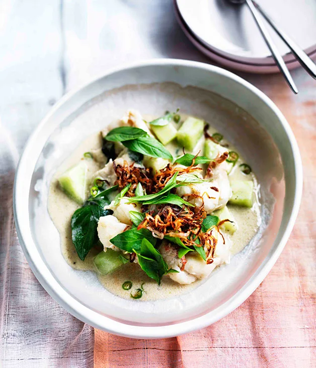 Lobster poached in ginger-coconut milk with melon