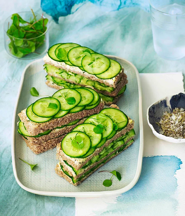 Triple-decker cucumber sandwiches with dill and lemon butter