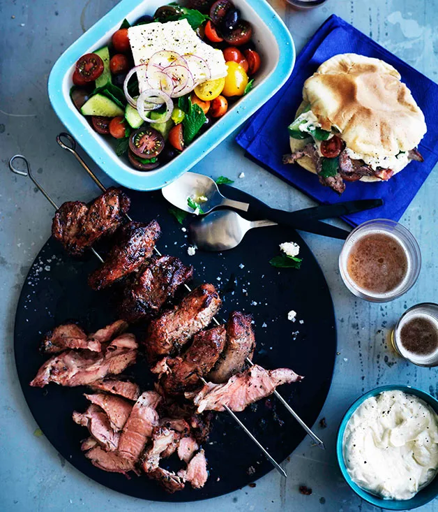 Lamb yiros with yoghurt, tahini and garlic sauce and homemade pita bread