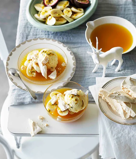 Pavlova semifreddo with banana and passionfruit