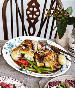 Roast corn-fed chook with rocket, radicchio and daikon salad