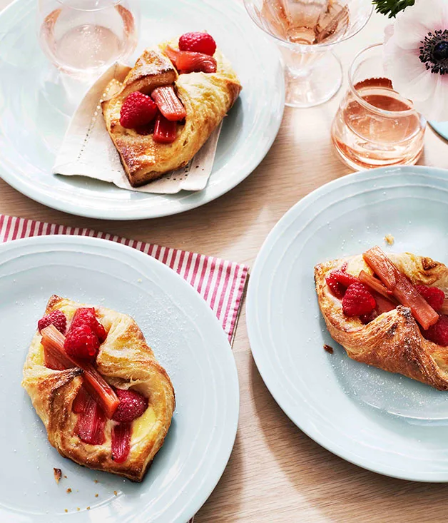 Rhubarb and raspberry Danish pastries