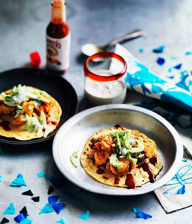 Popcorn chicken tacos with blue cheese-buttermilk dressing