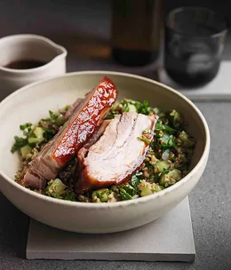 Pork belly glazed with honey wheat beer, with spring wheat salad