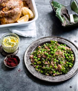 Sumac-roasted chicken with pea tabbouleh and hummus