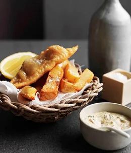 Beer-battered whiting, fat chips and chipotle coriander mayonnaise