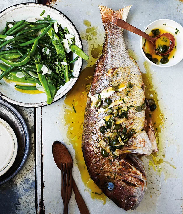 Snapper with white wine, green olives and parsley (dentice alla vernaccia)