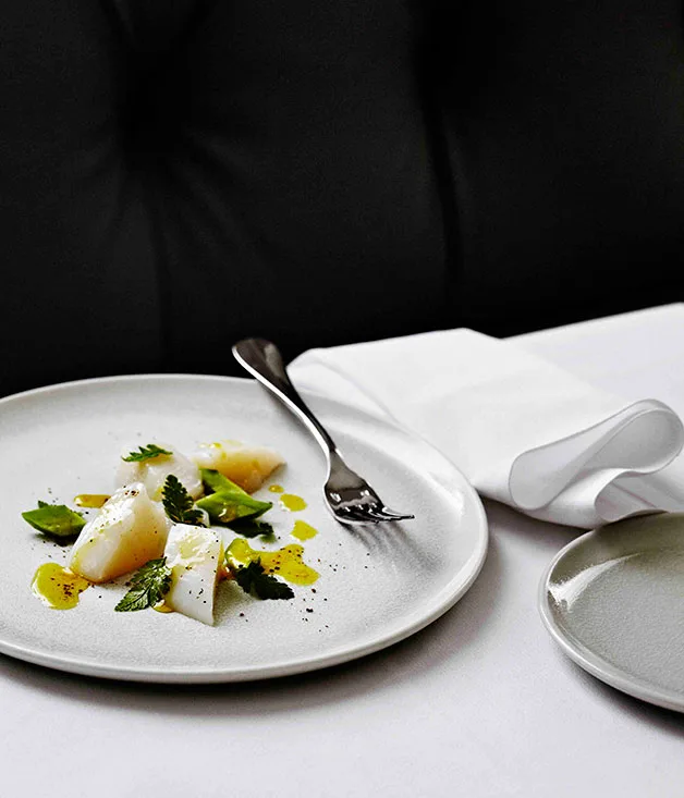 Raw scallop, juniper, lemon oil, sweet cicely