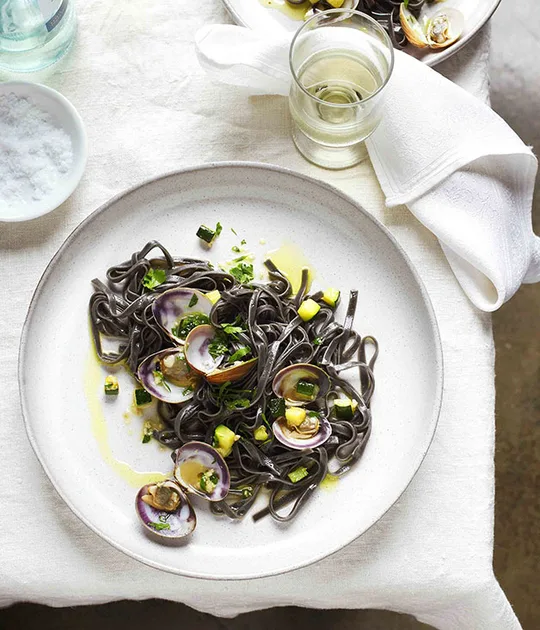 Squid-Ink Bavette with Clams and Zucchini
