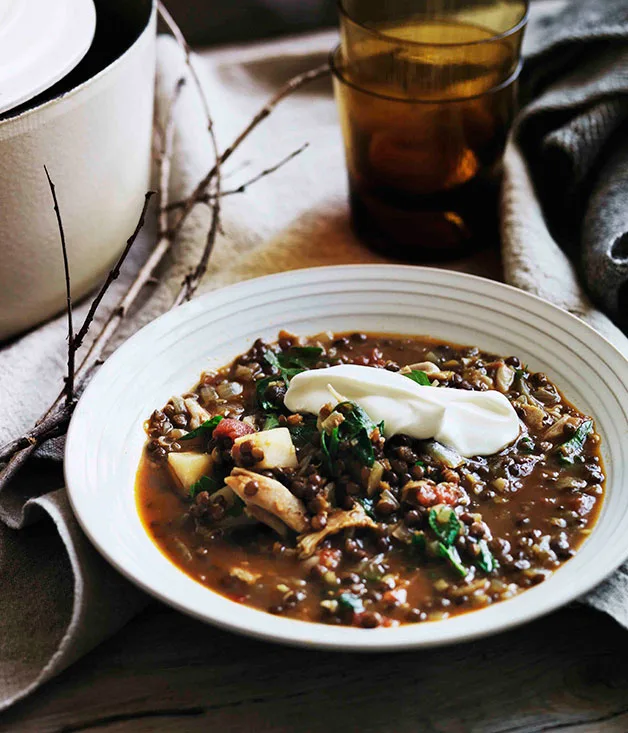 Spiced chicken, tomato and lentil soup