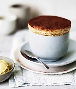 Milk chocolate and date soufflés with caramelised walnut ice-cream