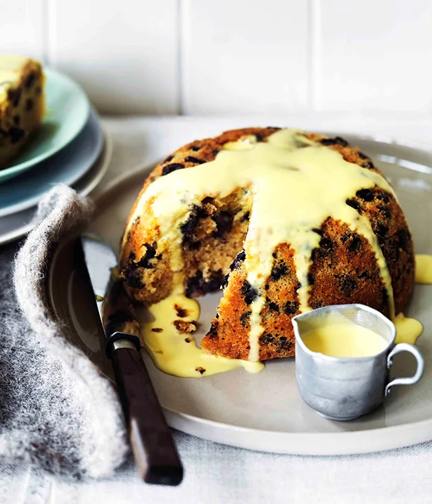 Chocolate rum and raisin steamed pudding