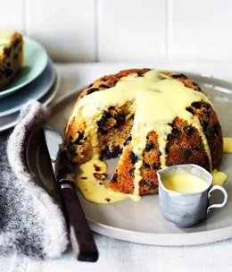 Chocolate rum and raisin steamed pudding