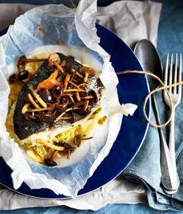 Trumpeter and braised cabbage en papillote with mushrooms