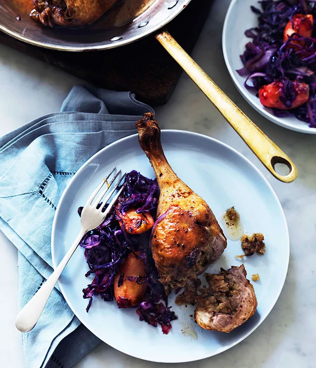 Tarragon duck legs with apple and cabbage