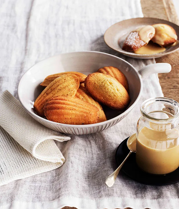 Orange-blossom madeleines with burnt-honey crème