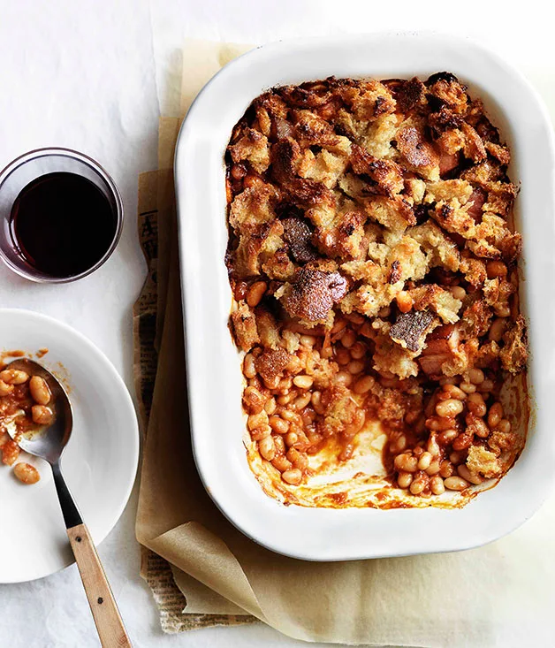 British baked beans and bacon with chunky crumb topping