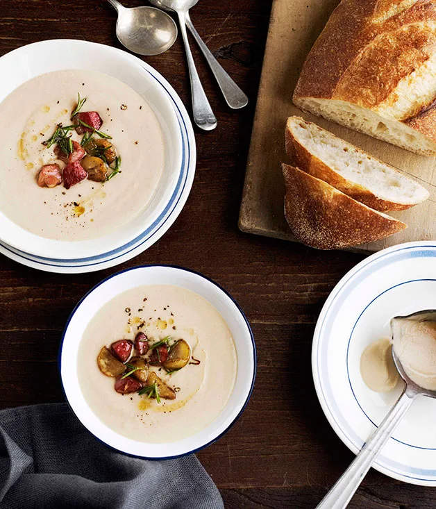 Creamy bacon and celeriac soup with fried chestnuts