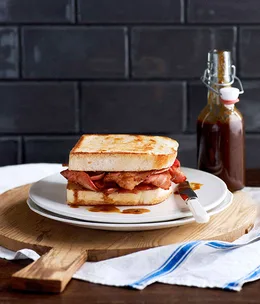 Bacon butties on white bread with homemade HP