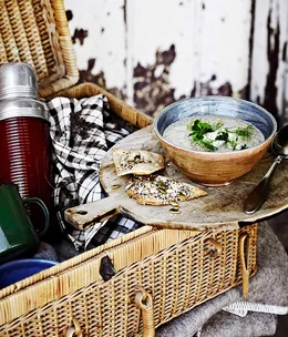 Roast garlic and fennel soup with seeded olive oil crackers