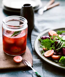 John's beetroot-pickled quail eggs