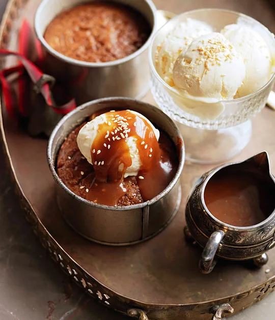 Date Puddings with Sesame Ice-Cream and Caramel