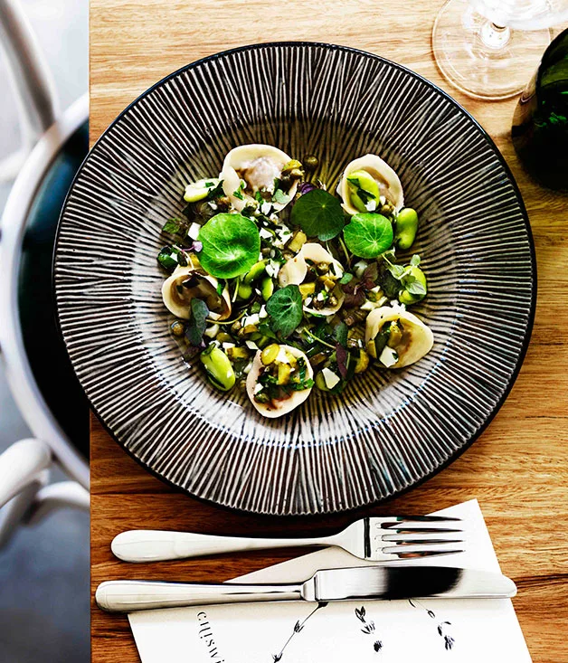 Veal tortellini with broad beans and cornichons