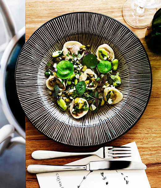 Veal tortellini with broad beans and cornichons