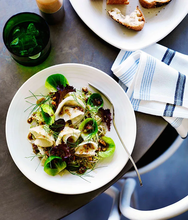 Celeriac and shaved fennel salad with crushed walnut dressing