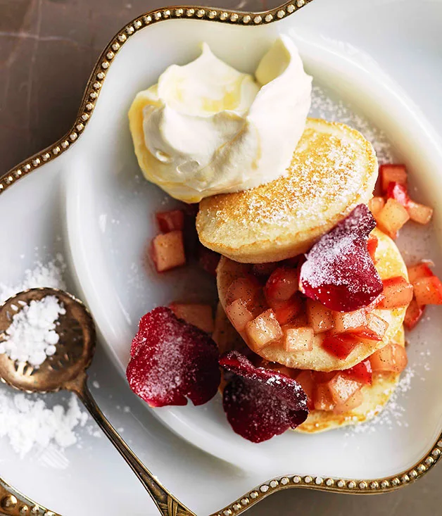 Pikelets with apple and rose compote