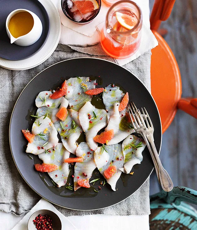 Swordfish carpaccio with pink grapefruit and pink peppercorns