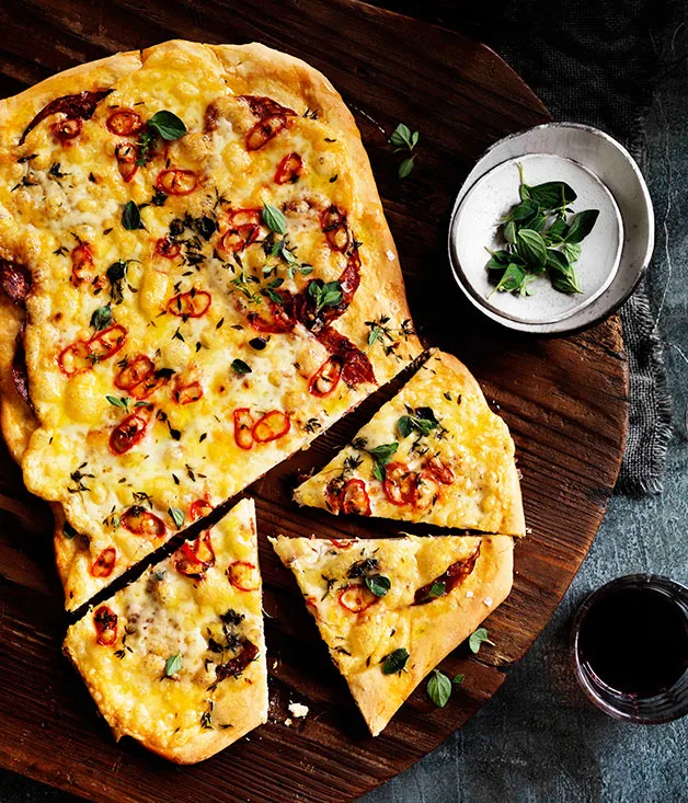 Four-cheese and sopressa pizza with chilli