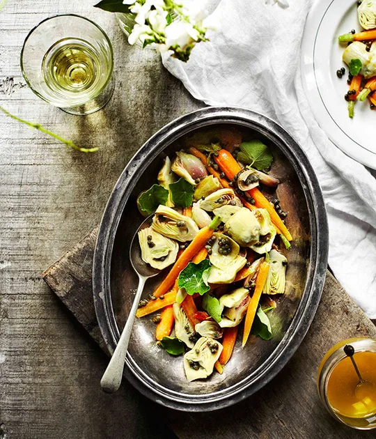 Artichokes with small carrots and capers | Gourmet Traveller
