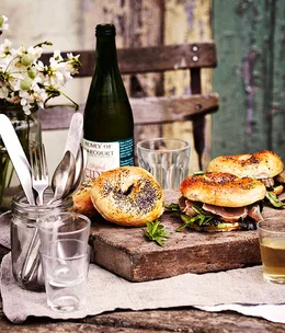 Spelt and poppy-seed bagels with sugar-cured mackerel and mustard