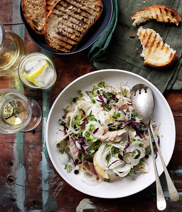 Smoked mackerel with Marsala currants and shaved fennel