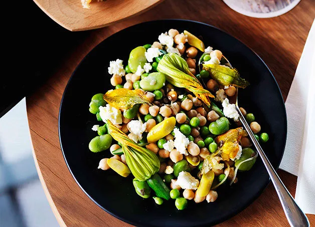 Chickpea, broad bean, zucchini flower, preserved lemon and ricotta salad