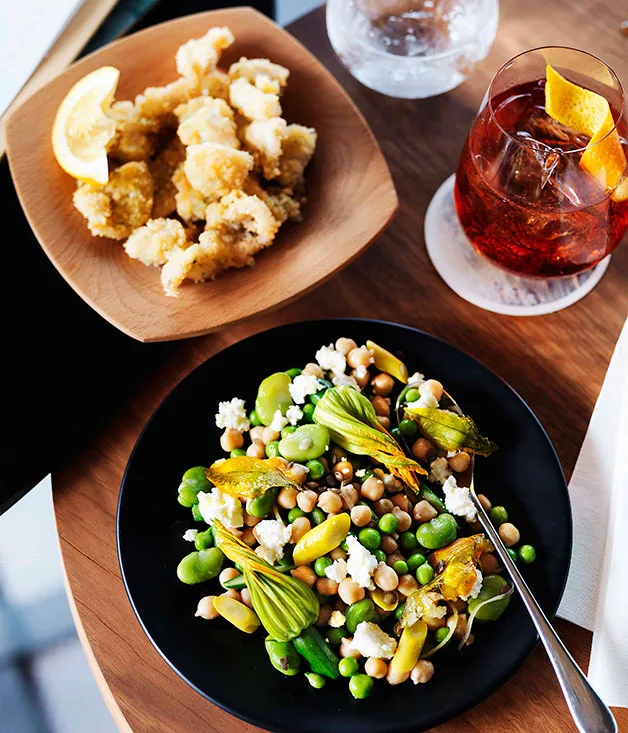 Chickpea, broad bean, zucchini flower, preserved lemon and ricotta salad