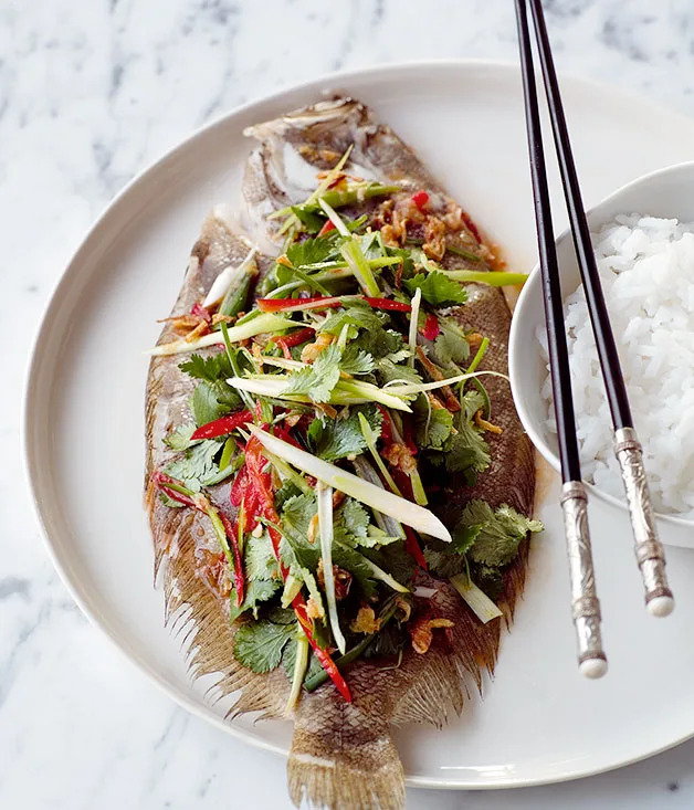 Steamed flounder with shallot and chilli dressing