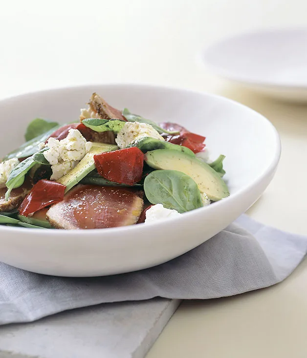 Spiced rare tuna, avocado and pickled beetroot salad