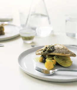 Snapper with saffron-braised potato and green olive dressing