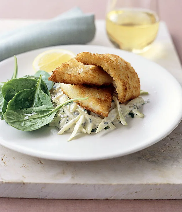 Whiting fillets in parmesan crust with fennel remoulade