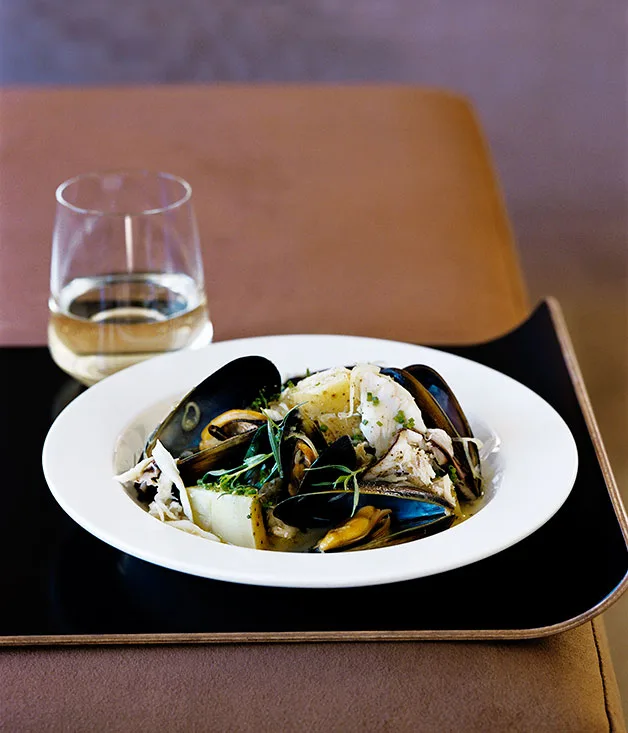 Warm mussel, potato and crab salad