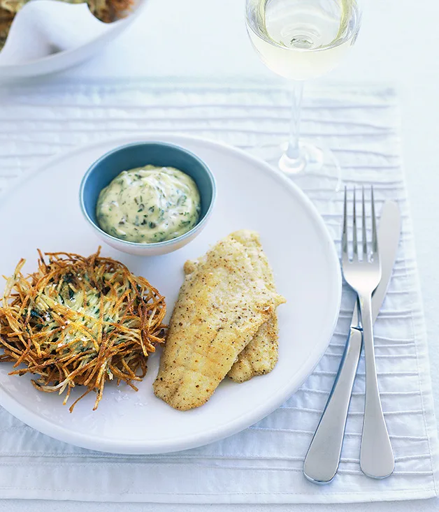 Pan-fried matzo-dusted whiting with potato latkes and crème fraîche tartare sauce