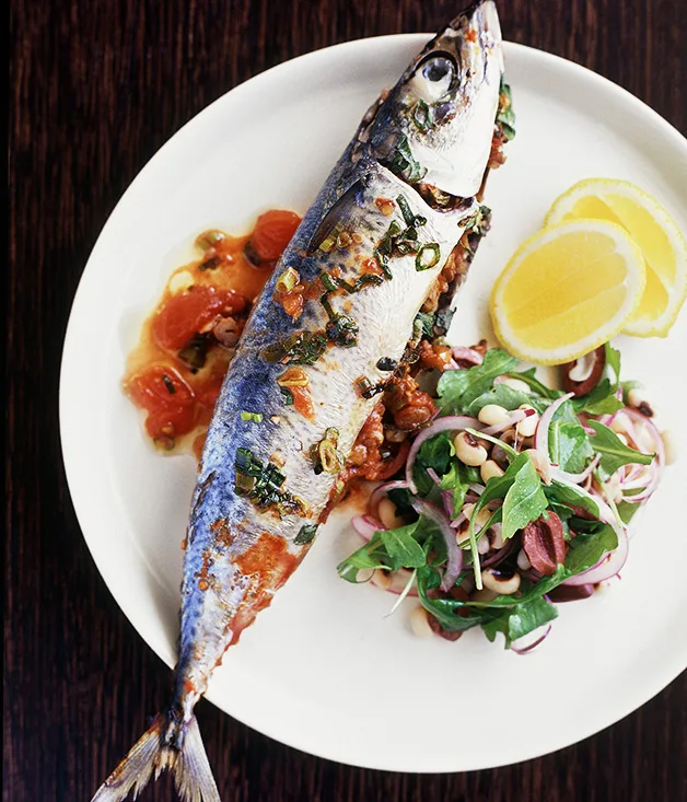 Walnut-stuffed mackerel with rocket and black-eyed pea salad