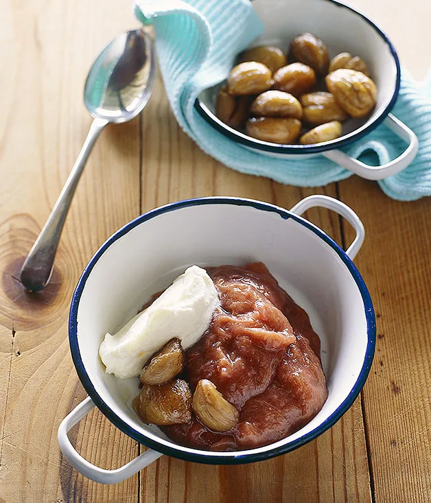 Stewed rhubarb and apple with roasted chestnuts